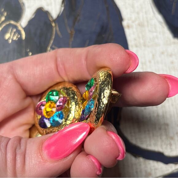 Vintage 80s 1980s Large Oversized Gold Gemstone Flower Clip Earrings D1 - Picture 8 of 10
